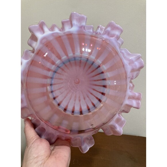 FENTON Cranberry Opalescent Striped Rose Overlay Ruffled Art Brides Bowl - Picture 12 of 16